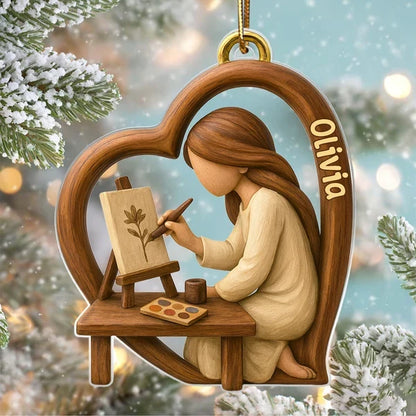 Personalized Acrylic Ornament, Warm Wood Tone Artist Painting in Heart, Unique Creative Gift for Artists