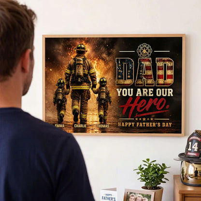 Personalized Firefighter Dad Poster, Holding Hands in a Fiery Scene, Unique Father's Day Gift for Dad
