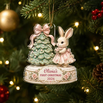 Personalized Acrylic Ornament, Bunny Holding a Teddy by a Christmas Tree, Unique Newborn Gift