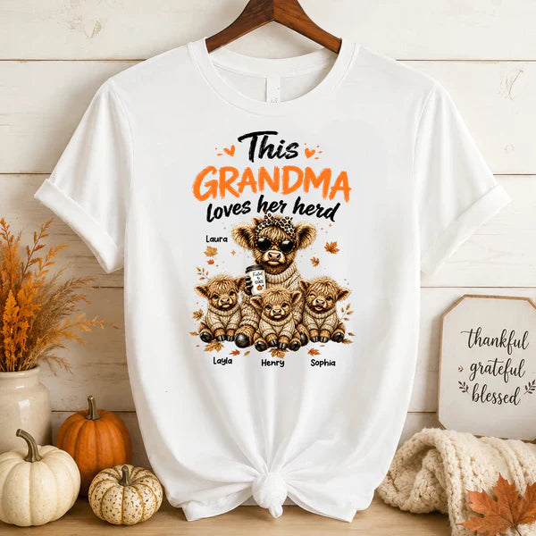 Personalized Classic Tee, Grandma Herd Highland Cow Fall Design, Unique Gift for Grandma