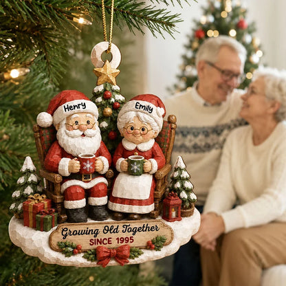 Personalized Wooden Ornament, Rustic Santa Couple Holding Mugs by a Christmas Tree, Unique Gift for Couples