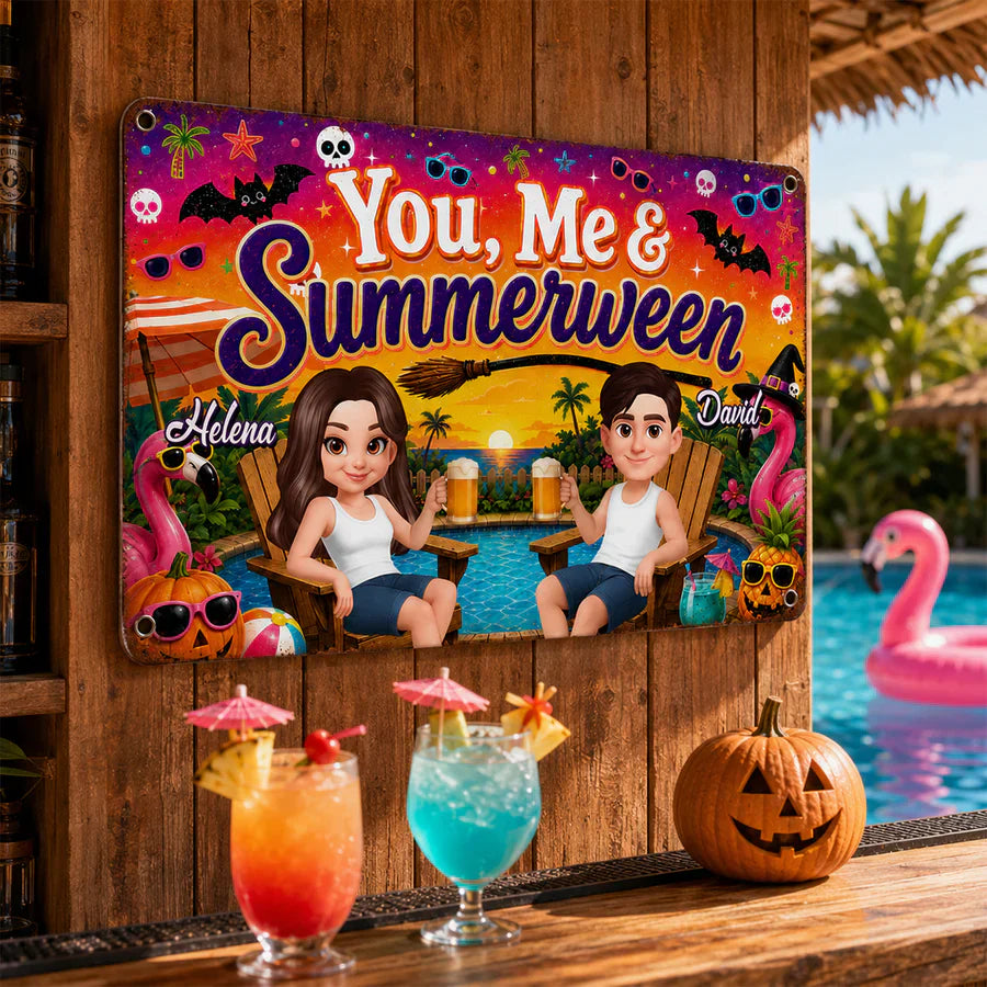 Personalized Rectangular Iron Sign, You, Me & Summerween Poolside Couple, Unique Gift for Couples