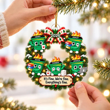 Personalized Acrylic Ornament, Cute Dumpster Fire Office Wreath, Unique Christmas Gift for Coworkers