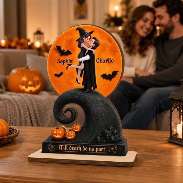 Personalized 2-Layer Wooden Plaque, Halloween Moon Couple Kiss, Unique Creative Gift for Couple