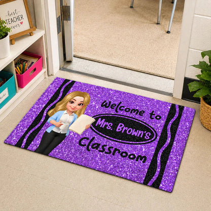 Standard Doormat, Classroom Welcome with Cartoon Teacher Holding Book, Creative Gift for Teacher Entryway