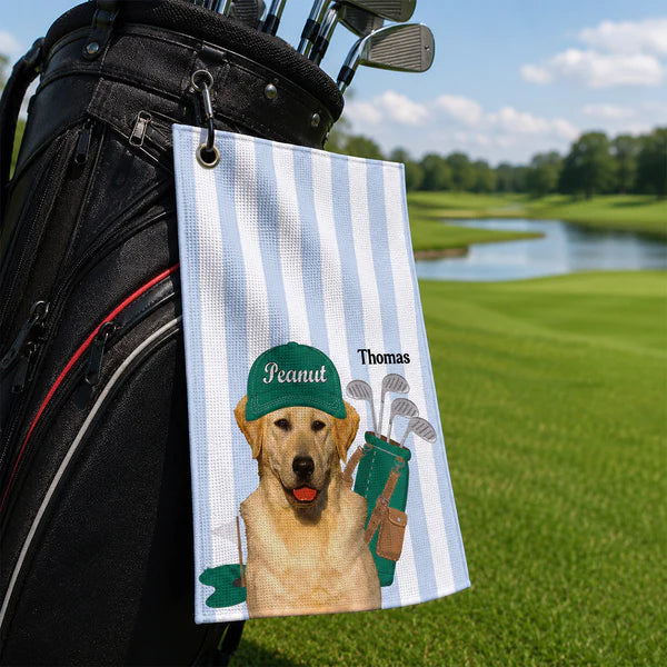 Personalized Waffle Weave Golf Towel With Dog Caddy Art, Unique Golf Course Gift For Dad