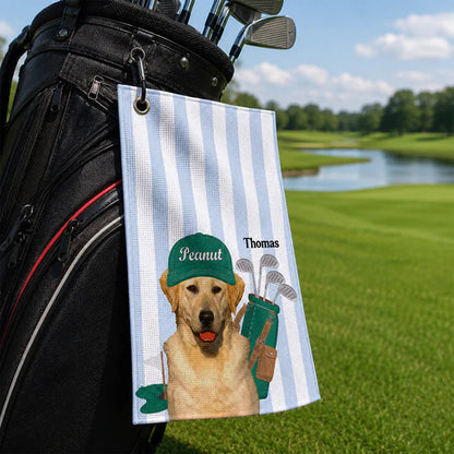 Personalized Waffle Weave Golf Towel With Dog Caddy Art, Unique Golf Course Gift For Dad