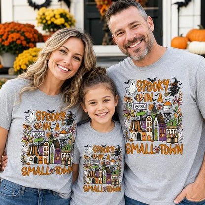 Personalized Classic Tee, Orange Ghost and Bat Town Scene, Unique Halloween Gift for Small Town Fans