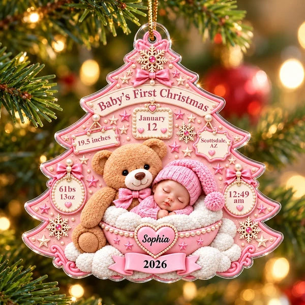 Baby's First Christmas Acrylic Ornament, Sleeping Baby and Teddy Bear Keepsake, Personalized Creative Gift for Family