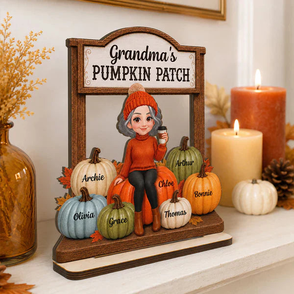 Personalized Grandma's Pumpkin Patch Wooden Plaque, Cartoon Grandma With Coffee, Unique Gift for Grandma