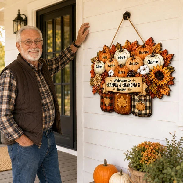 Personalized Wooden Sign with Fall Pumpkins for Porch Decor, Unique Gift for Grandma and Grandpa