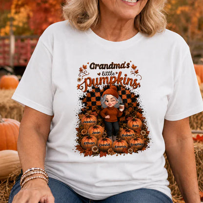Personalized Classic Tee, Cartoon Grandma With Coffee, Fall Pumpkin Patch, Unique Creative Gift For Grandma