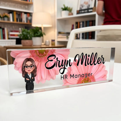 Personalized Rectangle Acrylic Block Plaque with Daisy Office Character, Unique Desk Decor Gift for Coworker or Boss