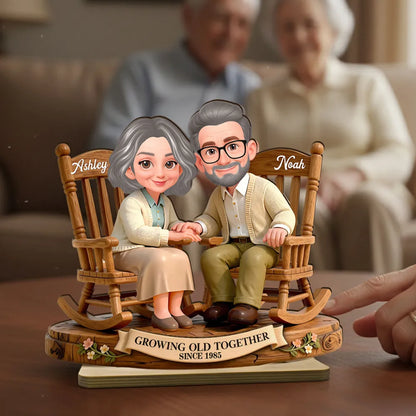 Personalized 2-Layer Wooden Plaque with Couple Holding Hands in Rocking Chairs, Sweet Keepsake Decor, Unique Gift for Wife or Husband