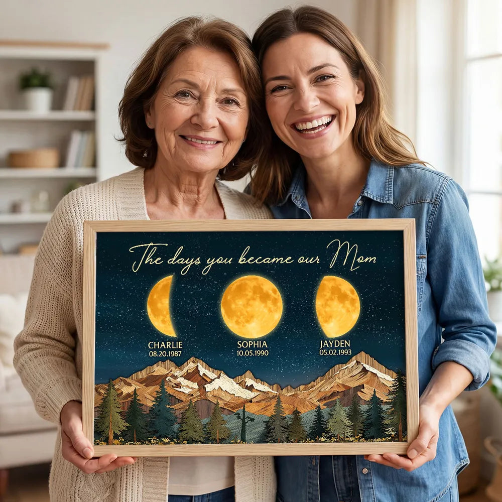 Personalized Moon Phase Mountain Night Sky Poster for Mom - The Day You Became Our Mom Wall Art, Unique Gift
