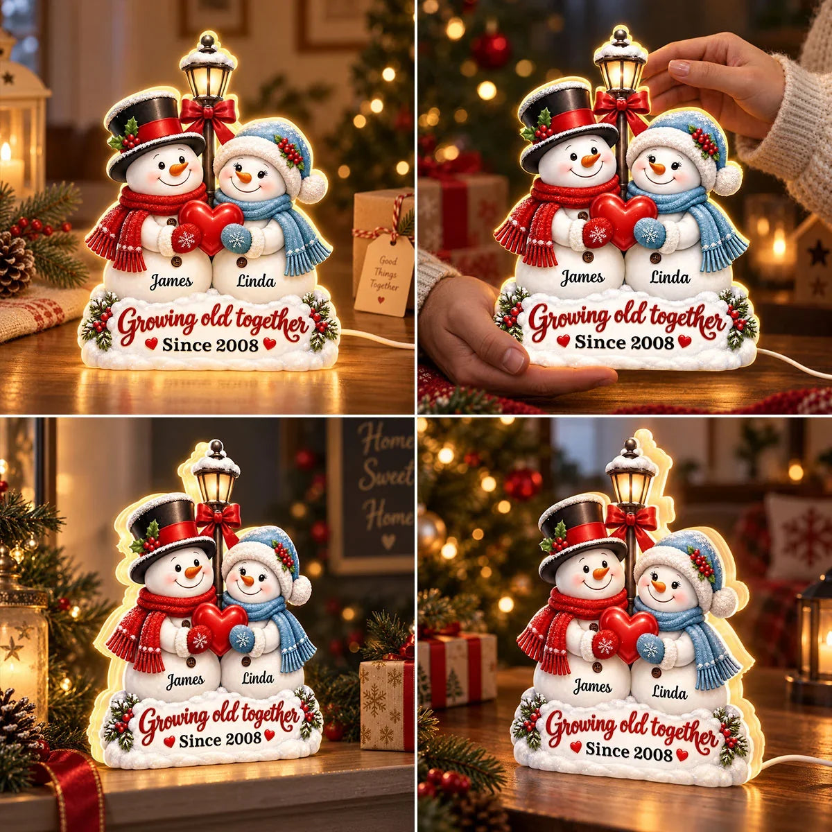 Personalized Growing Old Together Acrylic Light Box, Snowmen Holding a Heart, Creative Gift for a Partner