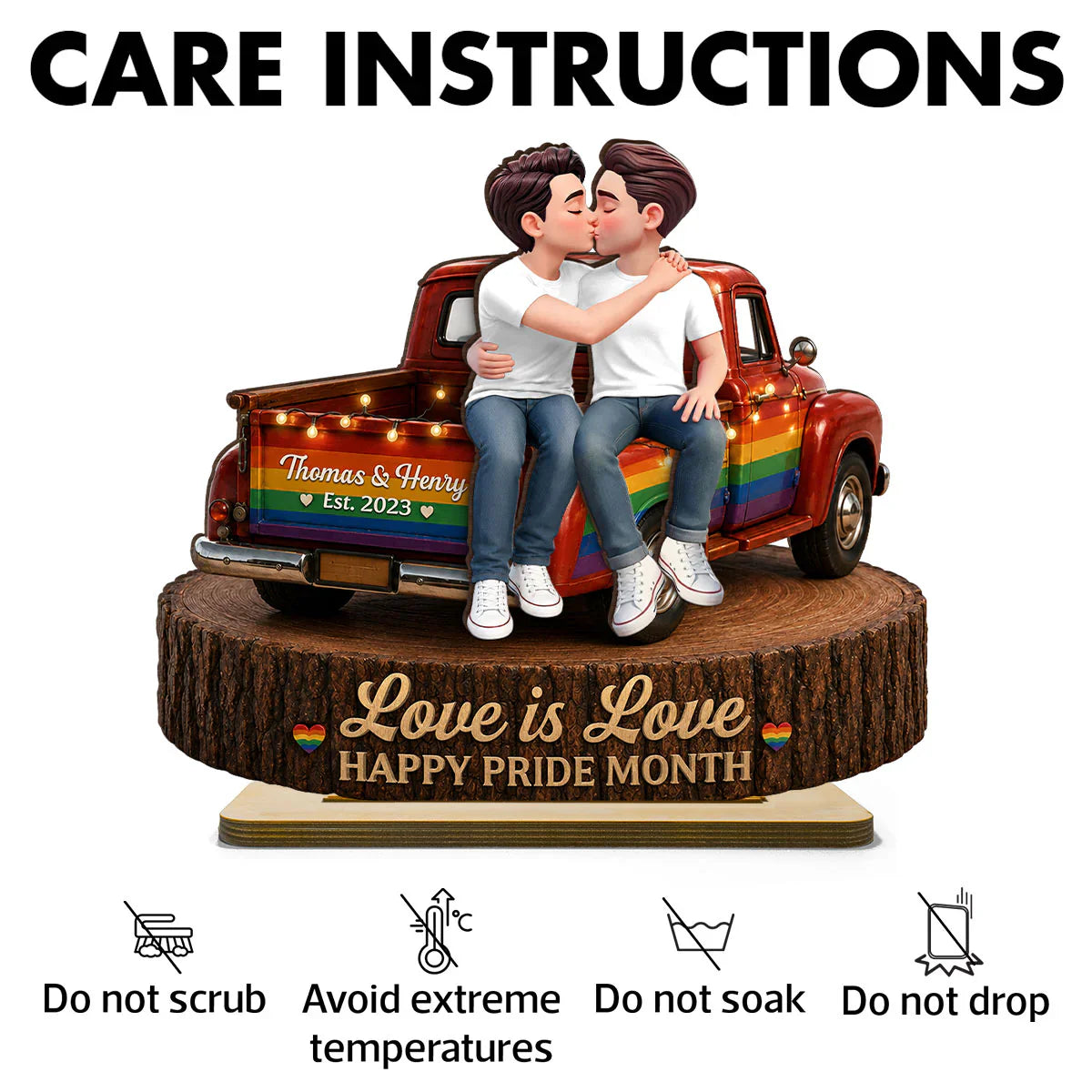 2-Layer Wooden Plaque for Same-Sex Couple, Kissing Rainbow Truck Happy Pride Month Creative Gift