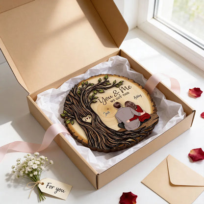 Personalized 2-Layer Wooden Plaque, Couple Sitting Back View Under Heart Tree, Unique Romantic Gift for Your & Me Moments