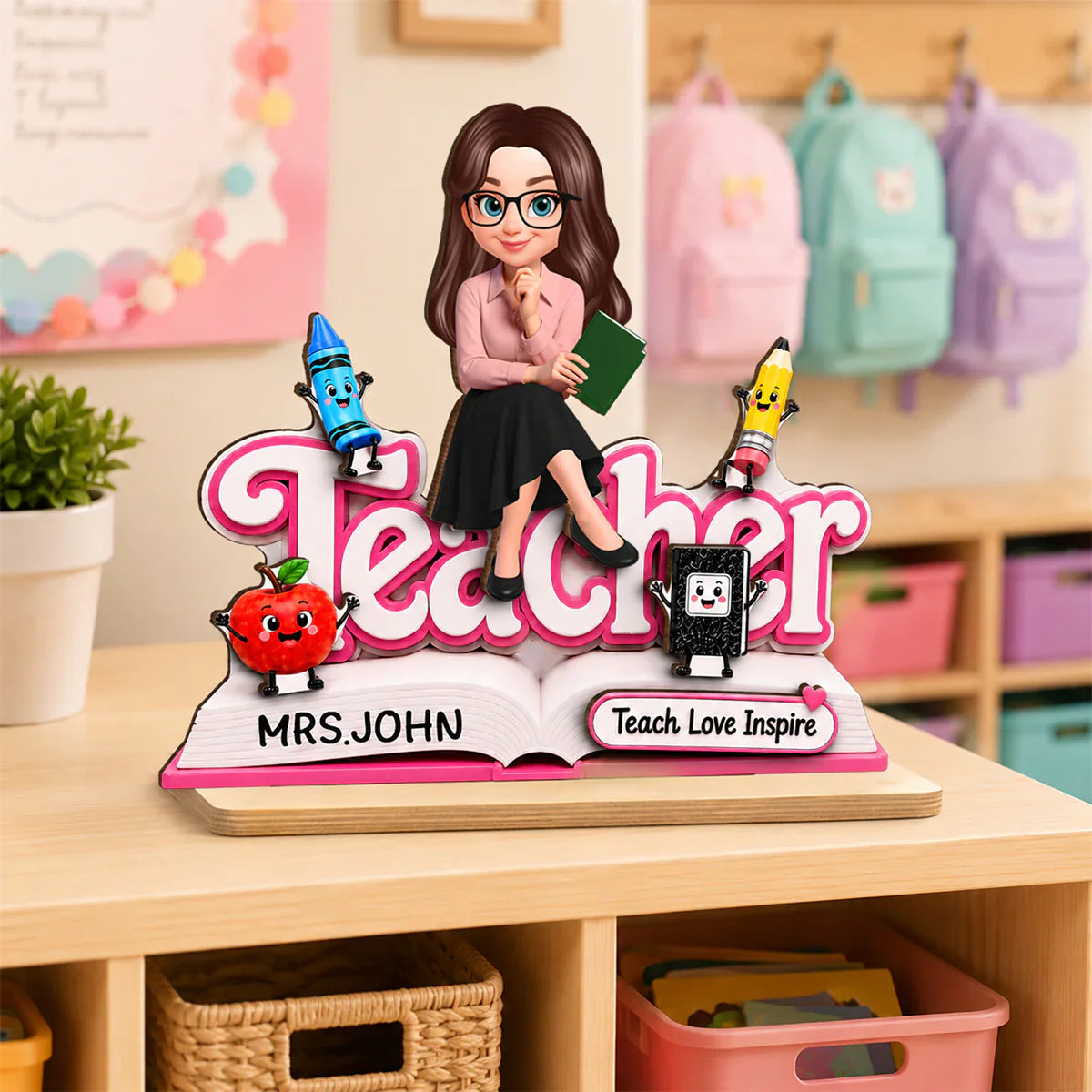 Custom 2-Layer Wooden Plaque, Cute Cartoon Teacher With Book, Creative Gift for a Caring Educator