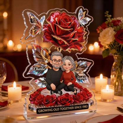 Personalized Shaped Acrylic Block Plaque with Rose Couple Illustration for Romantic Shelf Decor, Unique Gift for Him or Her