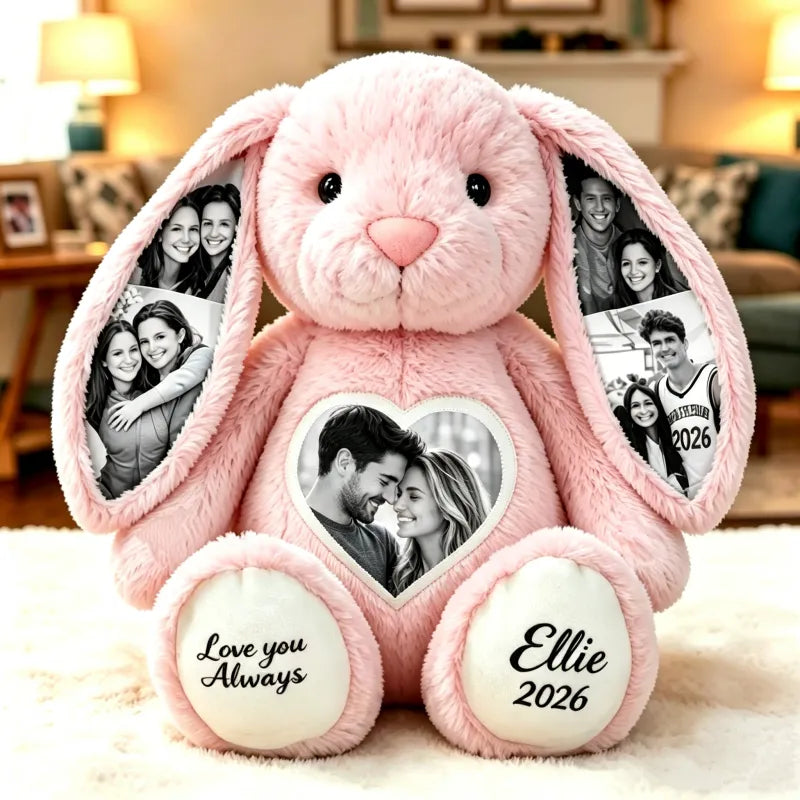 Multi-Print Plush Bunny With Love You Always Photo Collage, Cozy Bedroom Keepsake, Unique Creative Gift for Partner