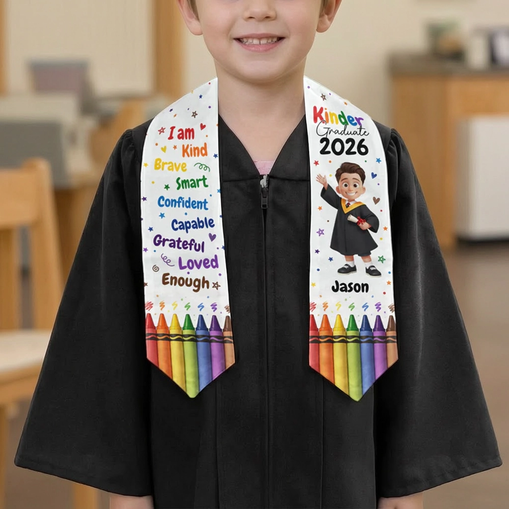 Personalized Polyester Satin Stole for Kinder Graduate With Affirmations and Crayon Rainbow, Unique Graduation Gift