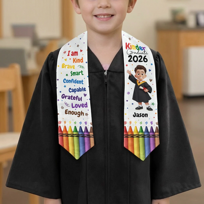 Personalized Polyester Satin Stole for Kinder Graduate With Affirmations and Crayon Rainbow, Unique Graduation Gift