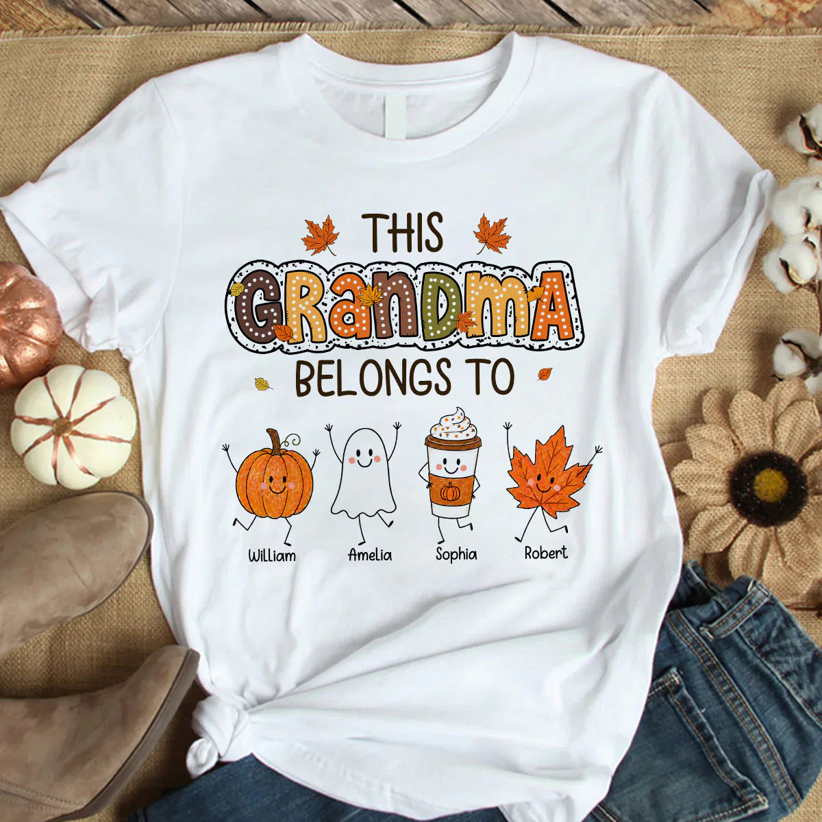 Classic Tee for Grandma, Custom Smiling Pumpkin & Ghost Design, Creative Family Gift