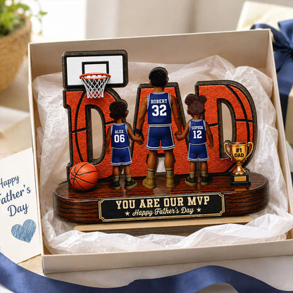 Personalized 2-Layer Wooden Plaque, Basketball Dad MVP Design, Unique Gift for Father's Day