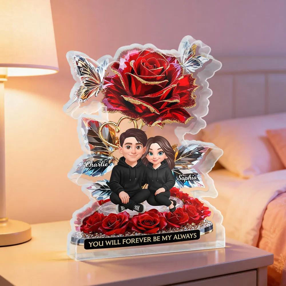 Personalized Shaped Acrylic Block Plaque with Rose Couple Illustration for Romantic Shelf Decor, Unique Gift for Him or Her
