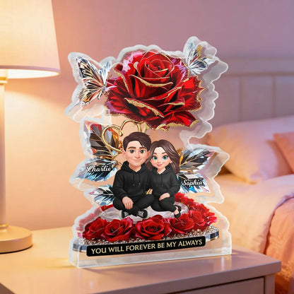 Personalized Shaped Acrylic Block Plaque with Rose Couple Illustration for Romantic Shelf Decor, Unique Gift for Him or Her