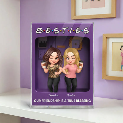 Rectangle Acrylic Block Plaque for Besties — cute characters holding coffee, purple backdrop, perfect friendship gift for birthdays, holidays, and everyday smiles