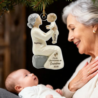 Personalized Wooden Ornament, Mom Holding Baby Sculpted Keepsake, Warm Neutral Rustic Decor, Unique Gift for New Mom or Grandma
