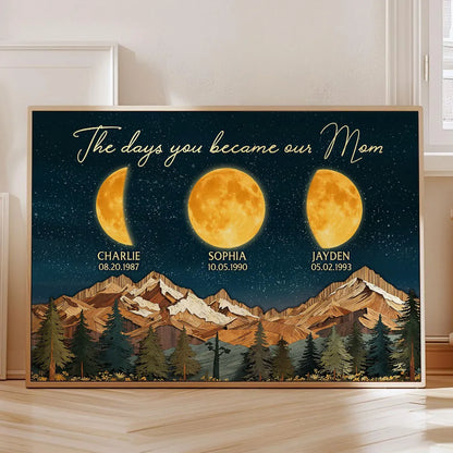 Personalized Moon Phase Mountain Night Sky Poster for Mom - The Day You Became Our Mom Wall Art, Unique Gift