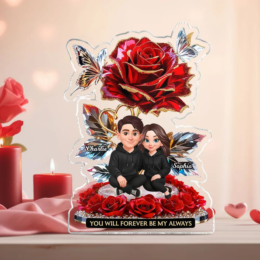 Personalized Shaped Acrylic Block Plaque with Rose Couple Illustration for Romantic Shelf Decor, Unique Gift for Him or Her