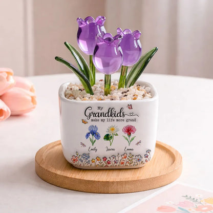 Square Glass Planter, My Grandkids Tulip Keepsake, Creative Gift for a Grandparent's Home