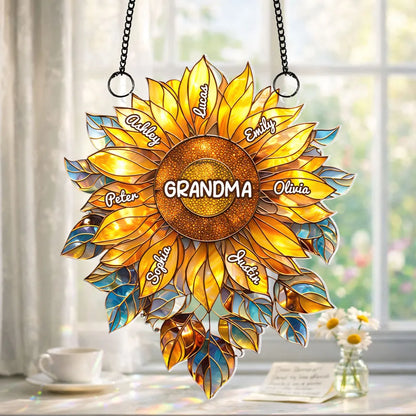 Custom Sunflower "Grandma's Love Bugs" Suncatcher - Personalized Window Art with Names for Grandma, Nana & Gigi - Unique Mother's Day or Birthday Gift