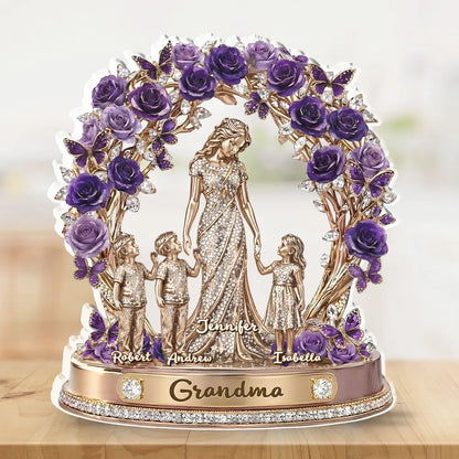 Personalized Shaped Acrylic Block Plaque with Grandma and Grandkids, Purple Rose Wreath Keepsake, Unique Gift for Grandma