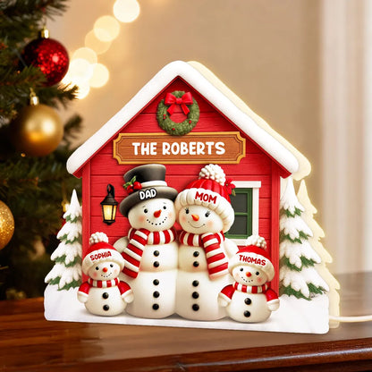 Personalized Acrylic Light Box with Snowman Family House, Cozy Christmas Décor and Unique Holiday Gift for Parents Grandparents