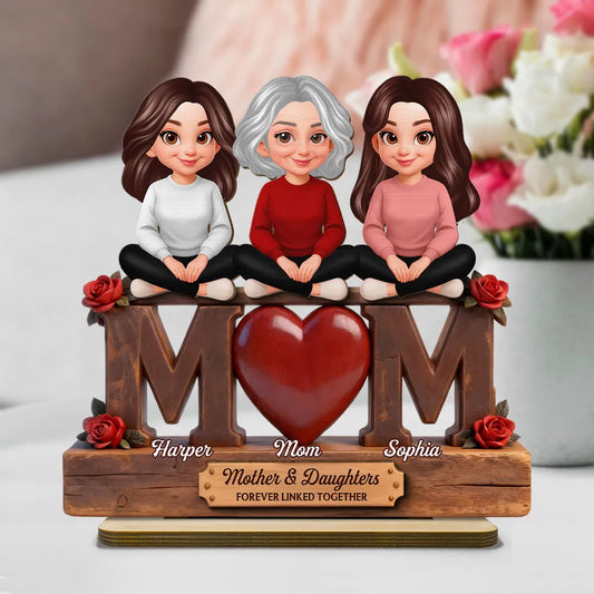 Personalized 2-Layer Wooden Plaque Mom and Daughters Cartoon Sitting on MOM Heart - Unique Mother's Day Gift