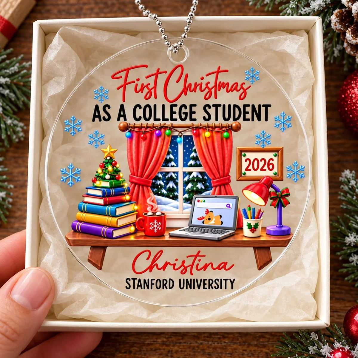 Personalized First Christmas as a College Student Acrylic Ornament, Colorful Study Nook Keepsake, Creative Gift for Students