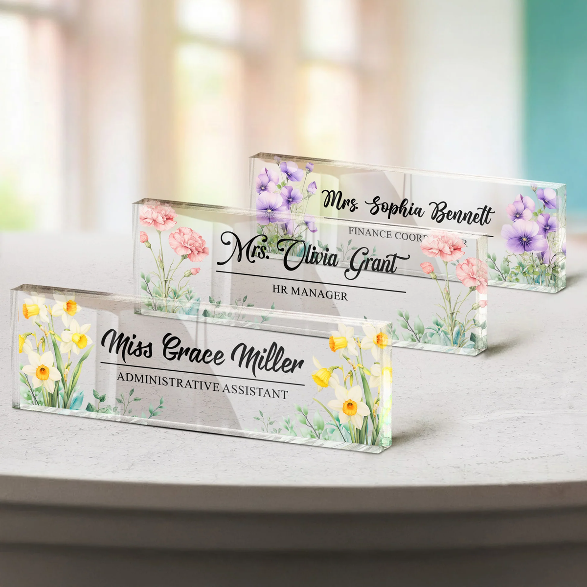 Personalized Rectangle Acrylic Block Plaque With Birth Flower Style Desk Decor, Unique Thank You Gift For Teacher Or Coworker