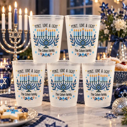 Personalized Hanukkah Cup with Blue Menorah and Peace Love & Light, Unique Family Gift
