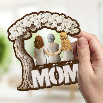 Personalized Wood and Acrylic Layered Ornament for Mom, Back View Family Under Blossom Tree, Unique Gift for Her