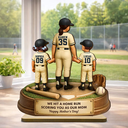 Personalized 2-Layer Wooden Plaque, Baseball Mom Holding Kids' Hands, 'We Hit a Home Run' Message, Unique Mother's Day Gift