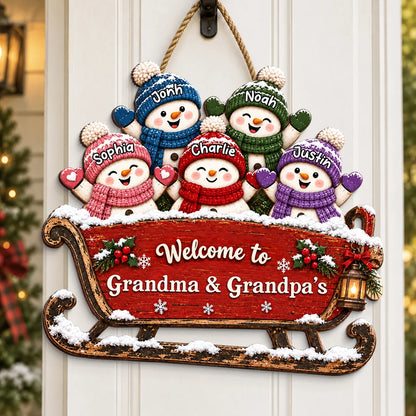 Personalized Wooden Sign with Cheerful Snowmen on a Sleigh, Unique Christmas Gift for Grandma & Grandpa