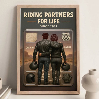 Personalized Biker Couple Poster Riding Partners For Life Route 66 Sunset Wall Art - Unique Gift For Couples