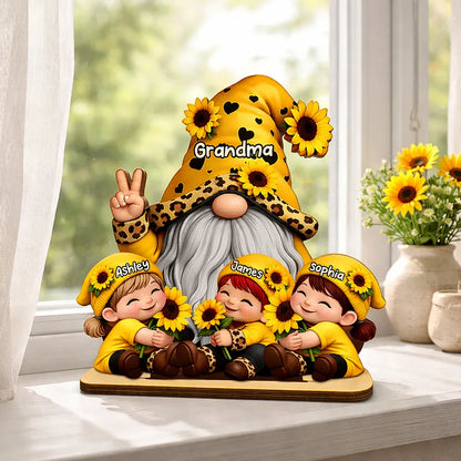 Personalized 2-Layer Wooden Plaque Gnome Grandma With Grandkids and Sunflowers Cute Family Keepsake Unique Gift for Grandma