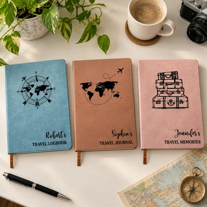 Personalized Leather Journal for Travel Memories with Compass and Luggage Art, Creative Gift for Friends