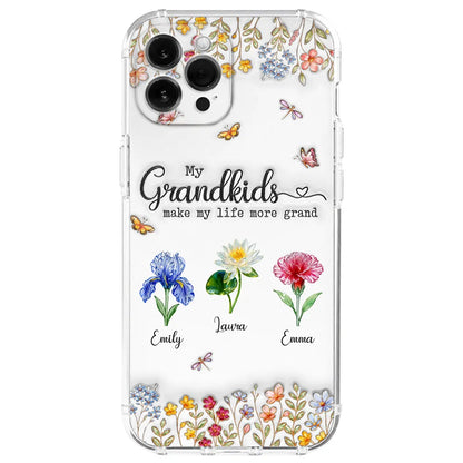 Clear Silicone Phone Case 'My Grandkids Make My Life More Grand' Floral Design - Personalized Gift for Grandma